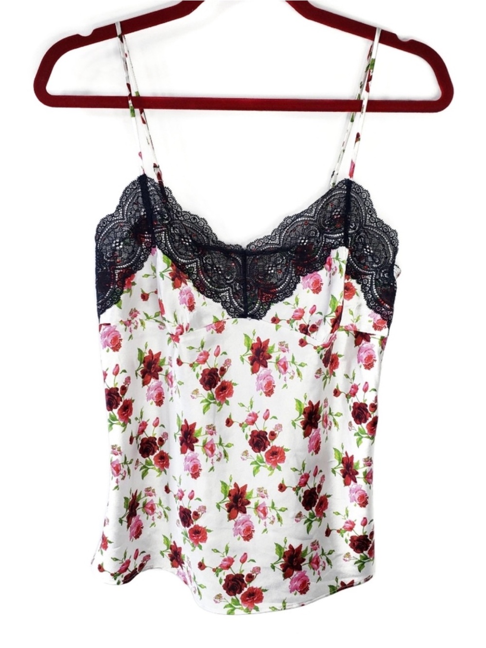 Victoria's Secret White Floral Rose Print Satin & Black Lace Trim Camisole Top M